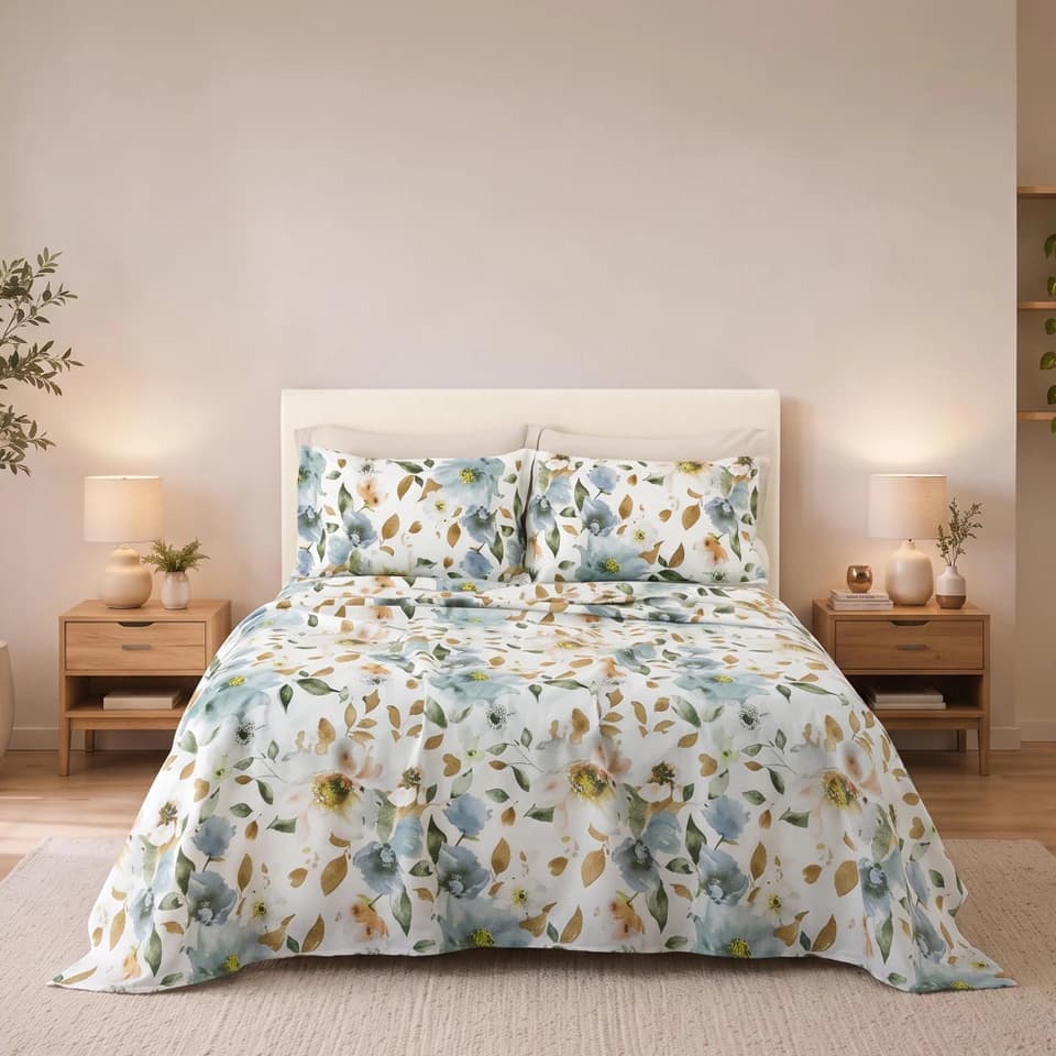Completo Letto In Cotone Con Fantasia Floreale Acquerello Tiomen