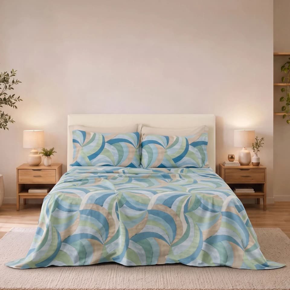 Completo Letto In Cotone Stampato Con Federe A Volant Baty