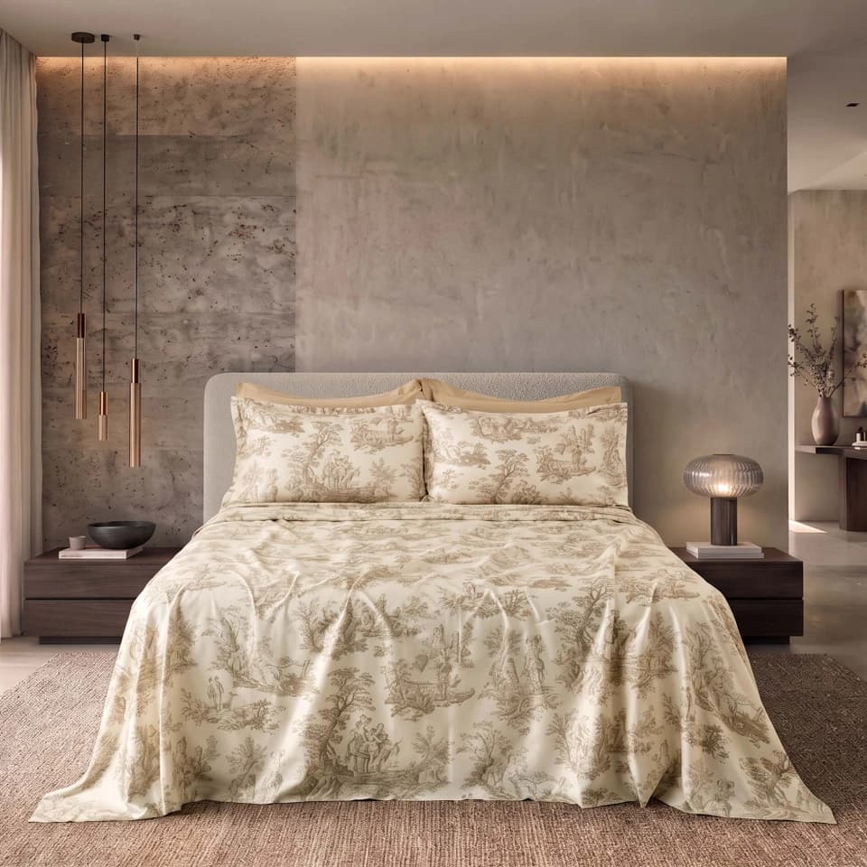 Completo Letto Matrimoniale In Raso 300 Fili Toile De Jouy