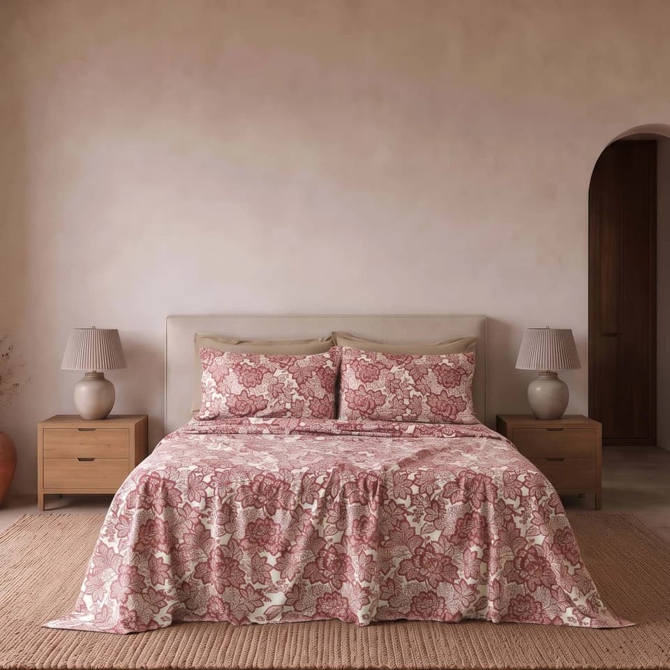 Completo Letto In Cotone Garzato Fantasia Pizzo Floreale Riana