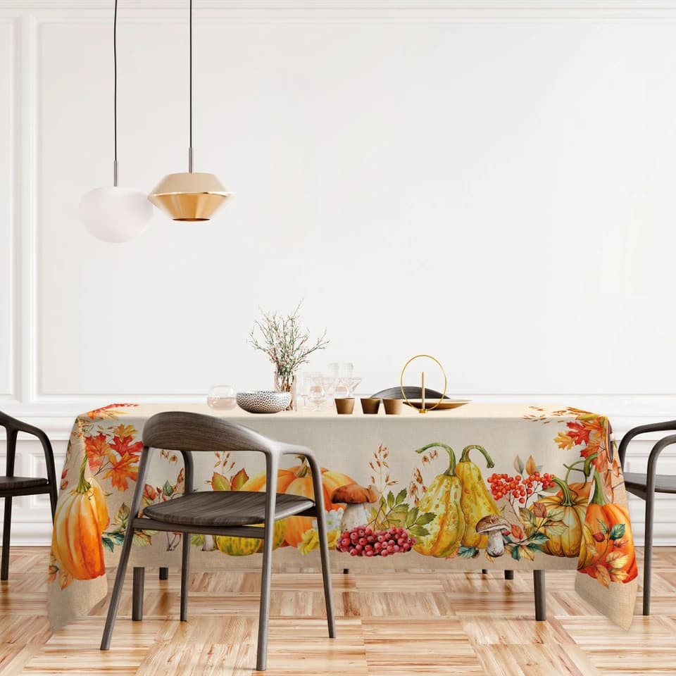 Tovaglia In Cotone Con Cornice Di Zucche E Foglie Zucca