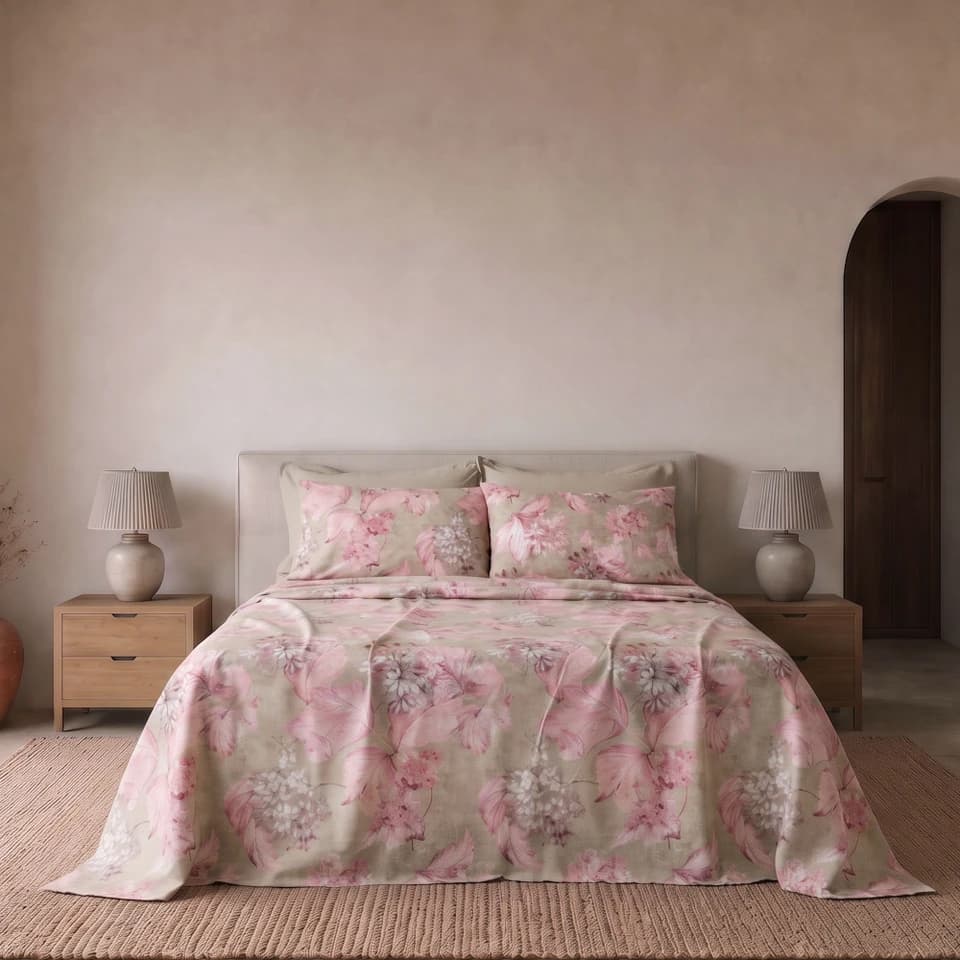 Completo Letto Matrimoniale In Cotone Con Ortensie Acquerello Perla